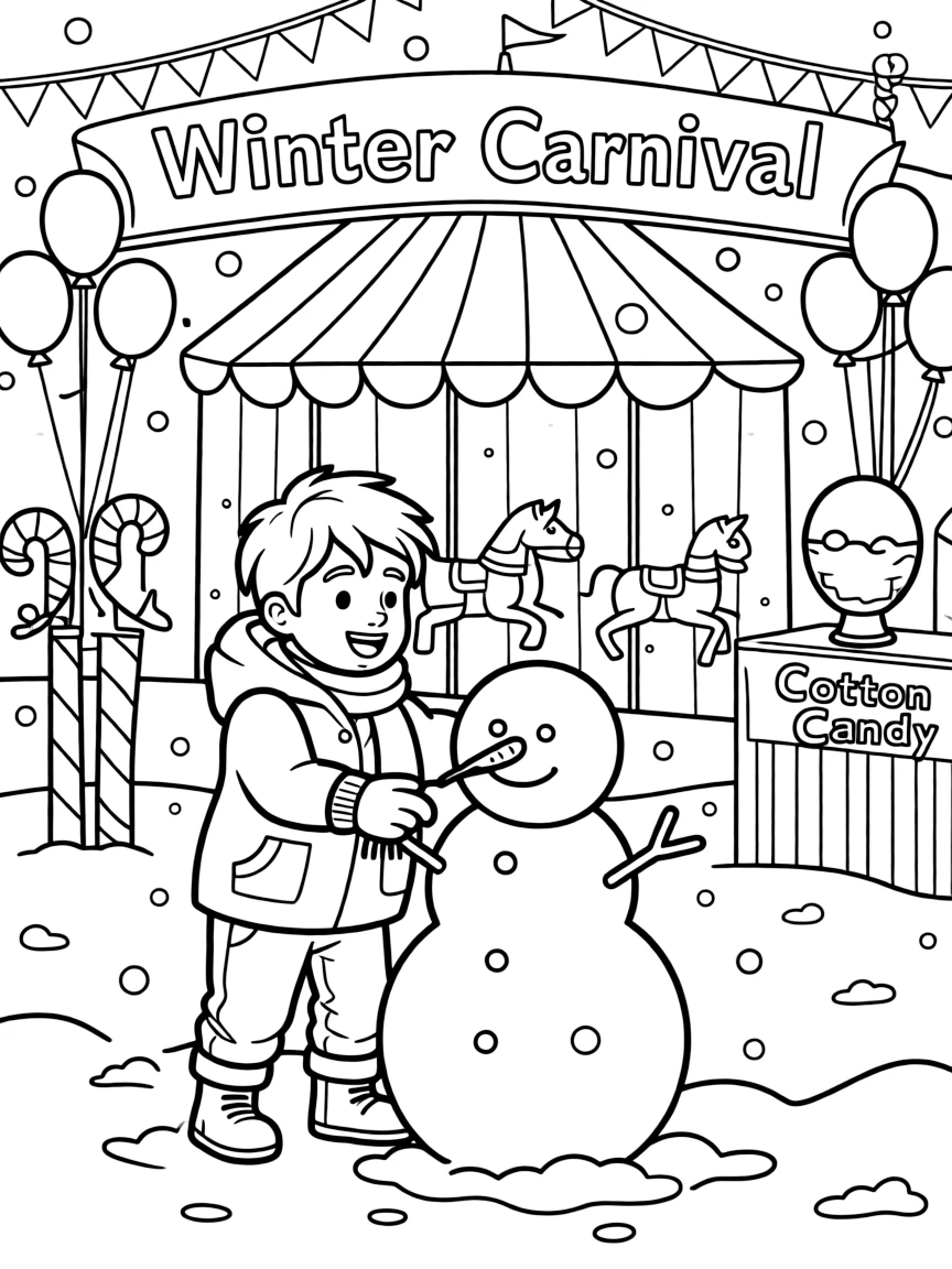 Fred playing in the snow, at a carnival with colorful decorations.