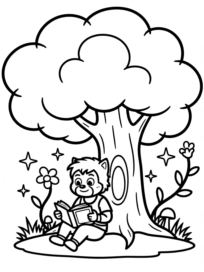 Wolverine reading a book under a tree, in a magical forest setting.