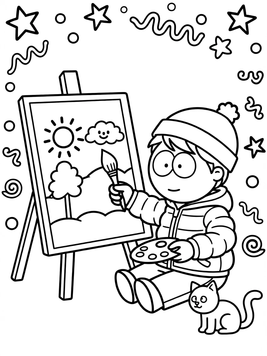 South Park painting a picture, with playful patterns around.