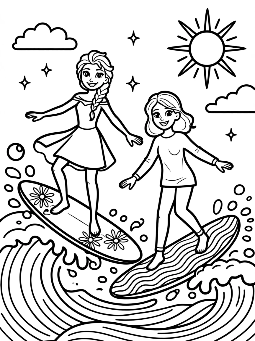 Frozen Characters surfing on waves, with fun background elements.