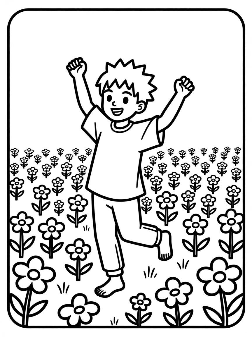 Sasuke dancing in a field of flowers, inside a comic book frame.