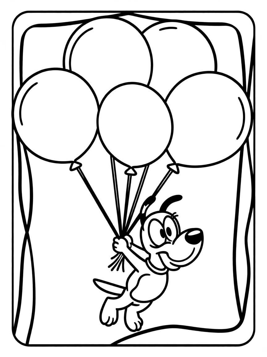 Courage the Cowardly Dog flying with balloons, inside a comic book frame.