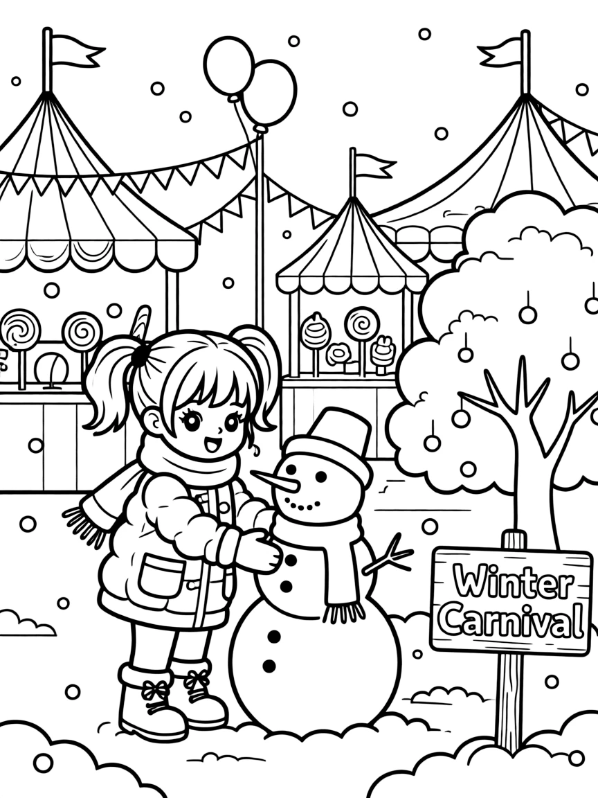 Nami playing in the snow, at a carnival with colorful decorations.