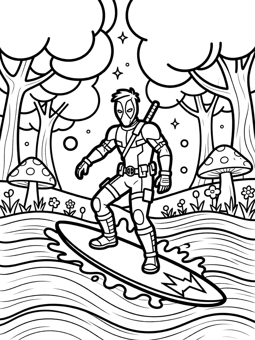 Deadpool surfing on waves, in a magical forest setting.