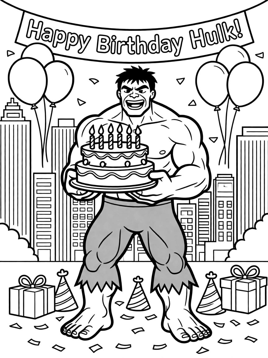 Hulk celebrating a birthday, in front of their famous house or scene.