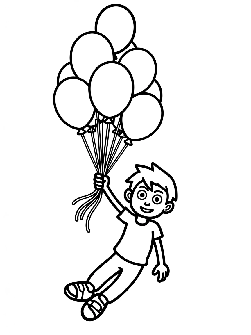 Ben 10 flying with balloons, with big bold outlines for easy coloring.
