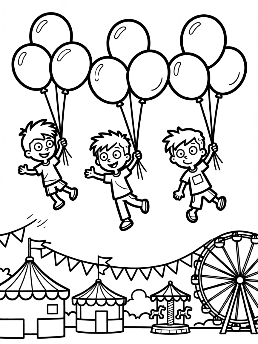 Rugrats flying with balloons, at a carnival with colorful decorations.