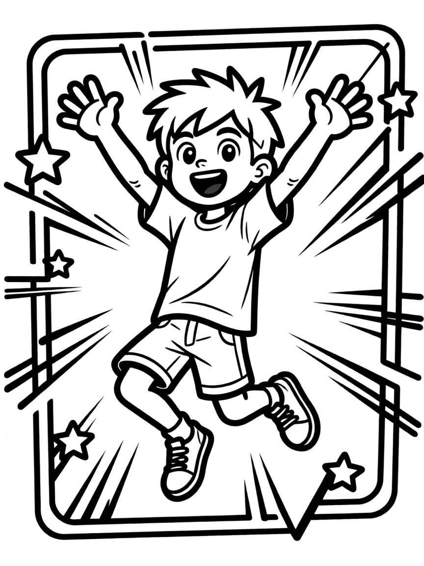 Ben 10 jumping with joy, inside a comic book frame.