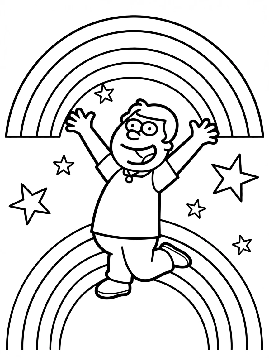 Family Guy jumping with joy, with stars and rainbows in the background.