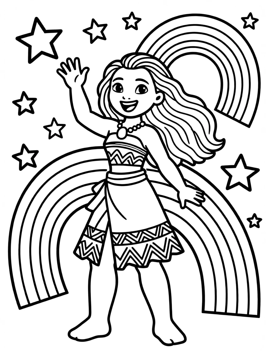 Moana waving hello, with stars and rainbows in the background.