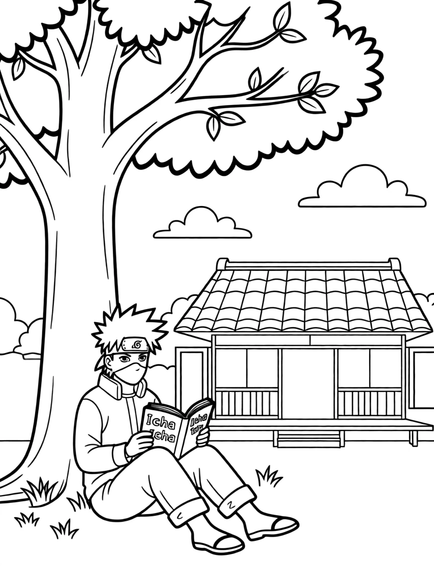 Kakashi reading a book under a tree, in front of their famous house or scene.
