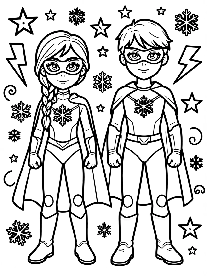 Frozen Characters wearing a superhero costume, with playful patterns around.