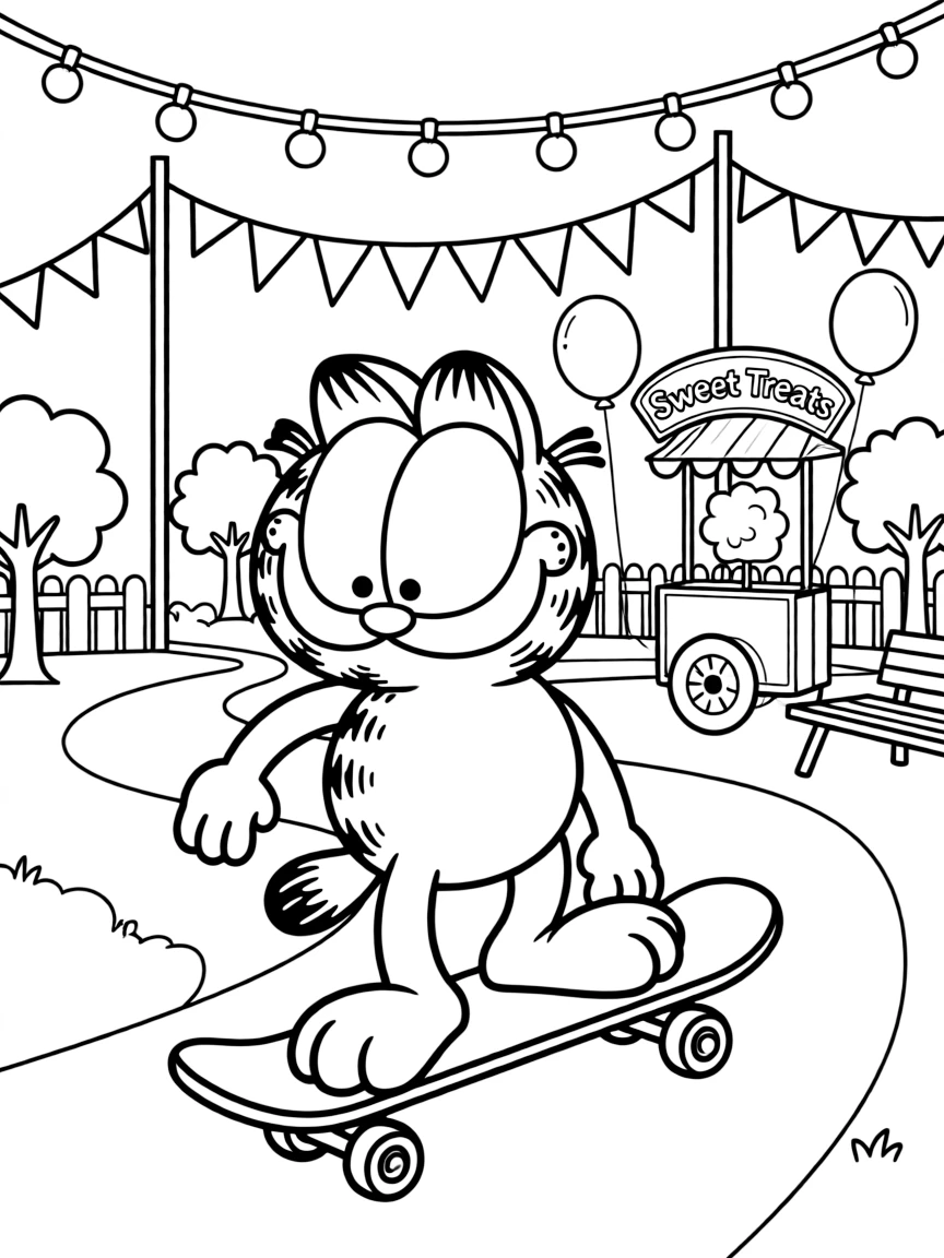 Garfield skateboarding in the park, at a carnival with colorful decorations.