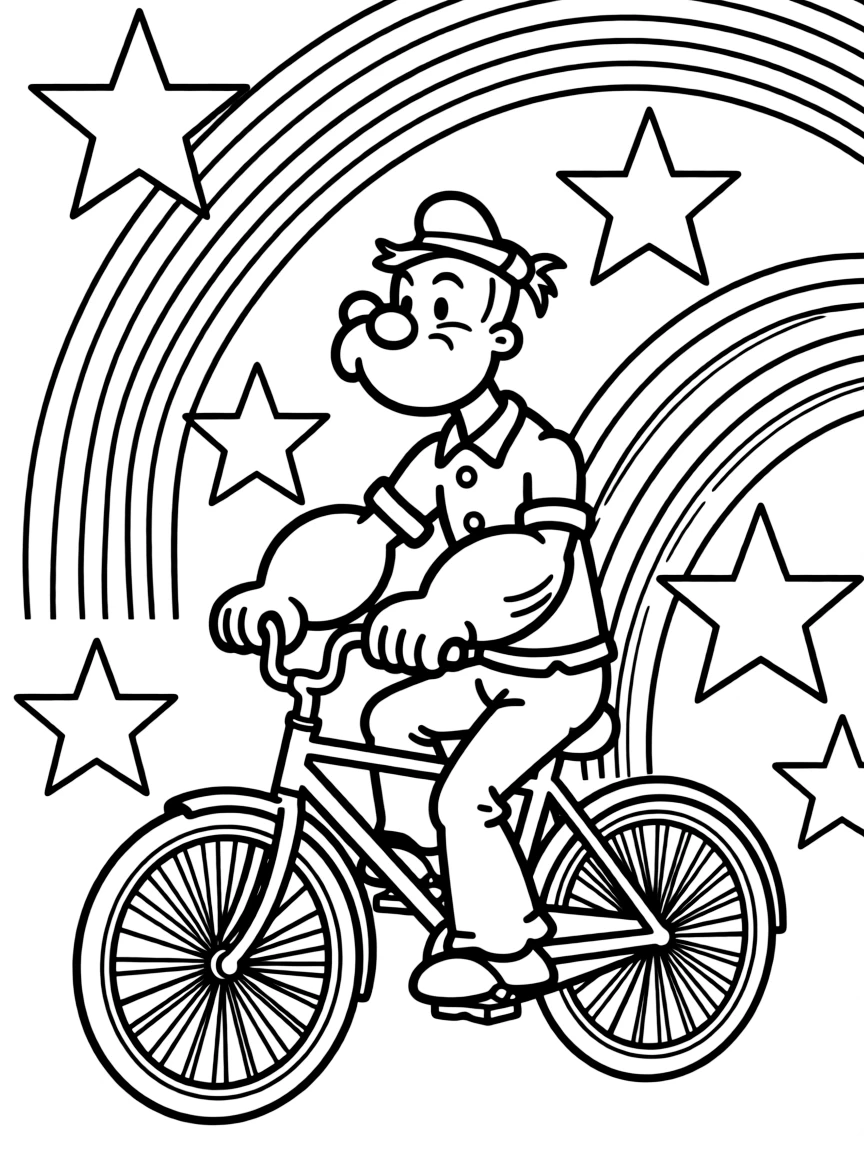 Popeye riding a bicycle, with stars and rainbows in the background.