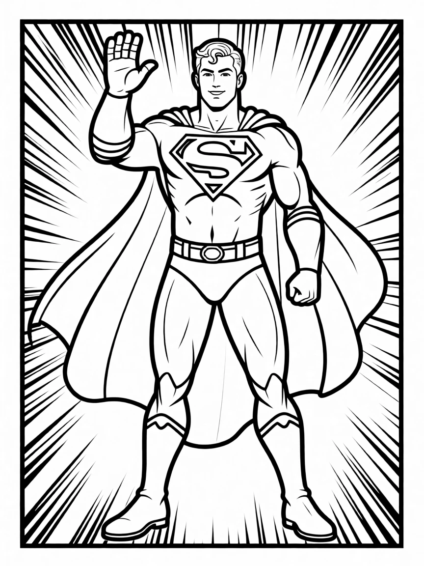 Superman waving hello, inside a comic book frame.