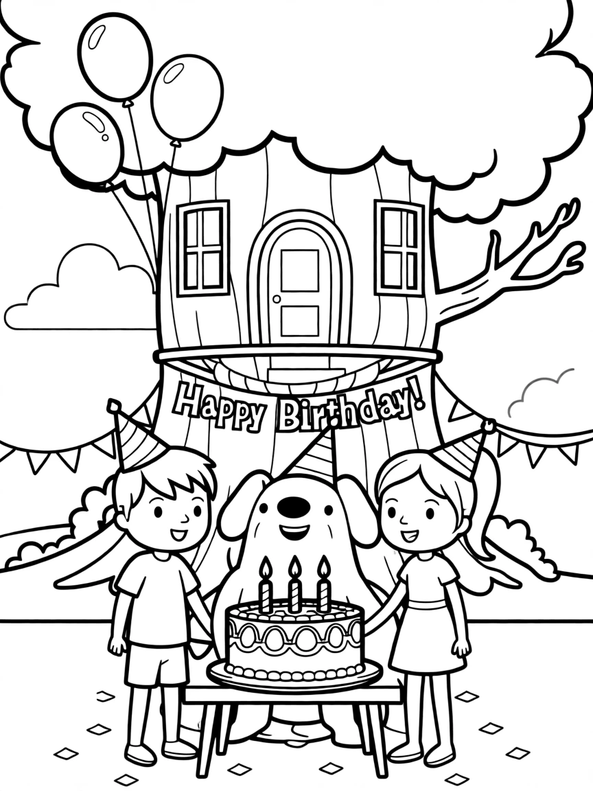 Adventure Time celebrating a birthday, in front of their famous house or scene.