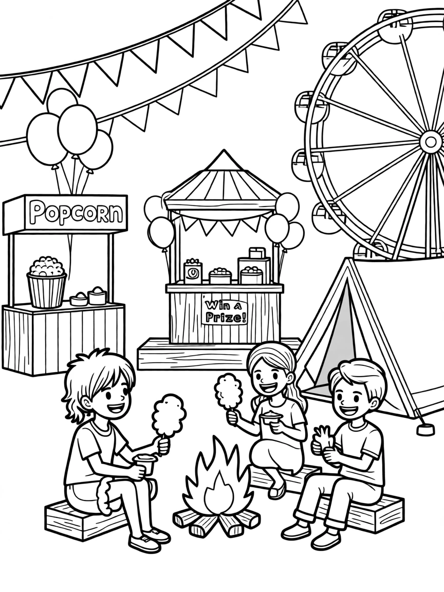 Zoro camping with friends, at a carnival with colorful decorations.
