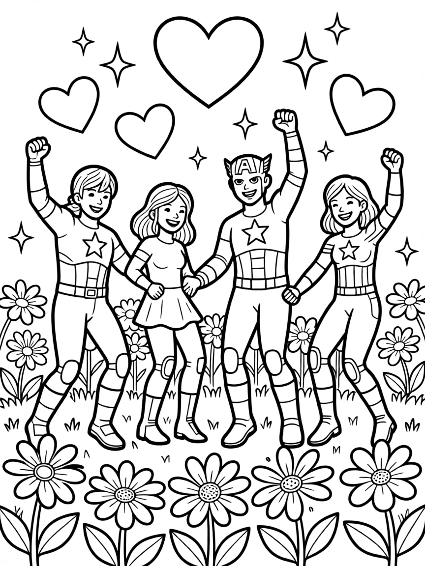 Avengers dancing in a field of flowers, with hearts and sparkles around.