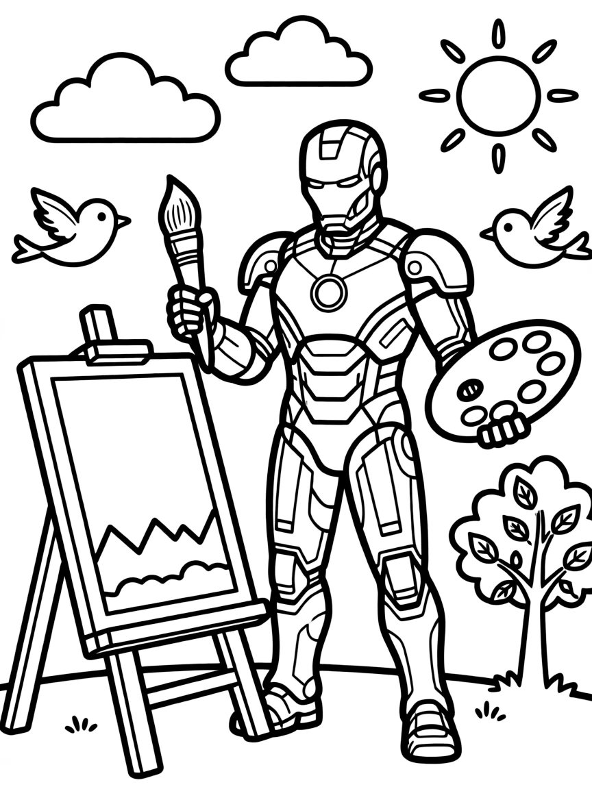Iron Man painting a picture, with fun background elements.
