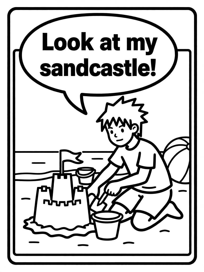 Sasuke building a sandcastle, inside a comic book frame.