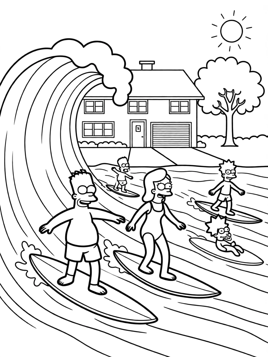 Simpsons surfing on waves, in front of their famous house or scene.