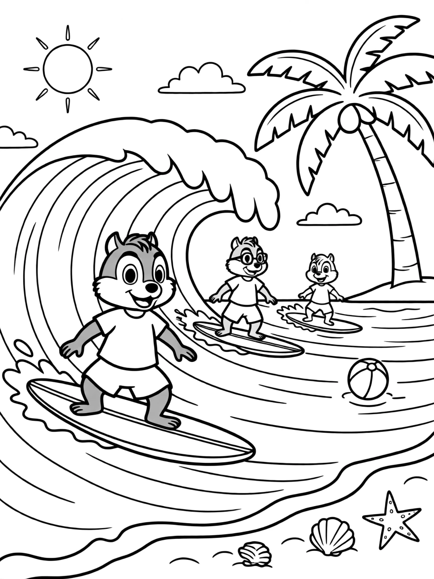 Alvin and the Chipmunks surfing on waves, with fun background elements.