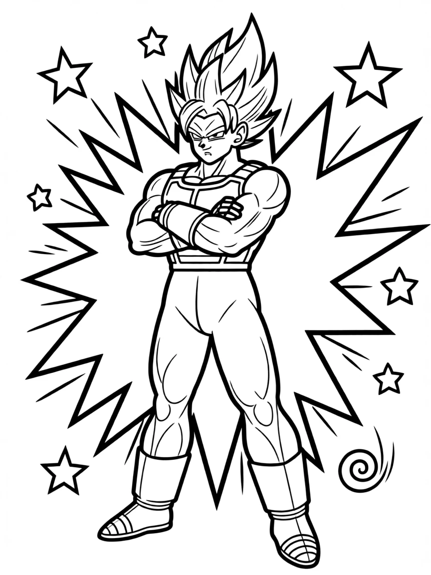 Vegeta wearing a superhero costume, with fun background elements.