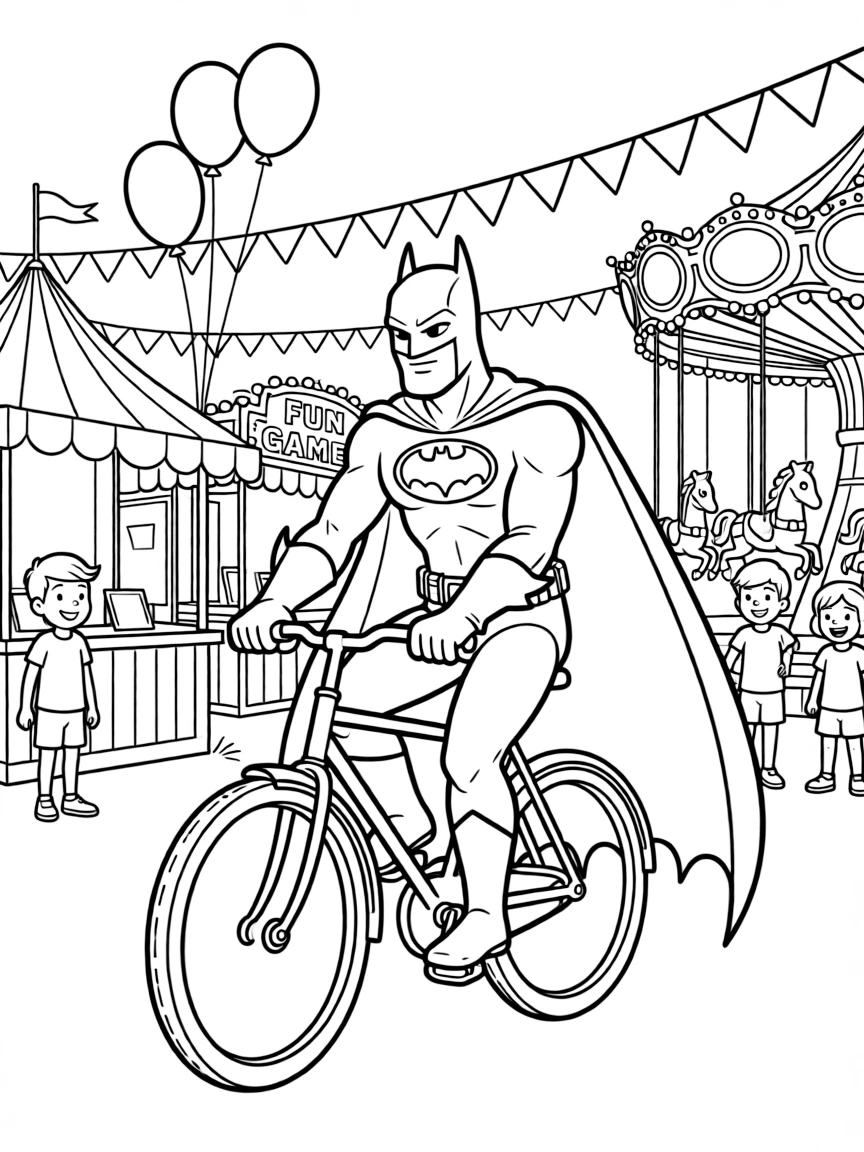 Batman: The Animated Series riding a bicycle, at a carnival with colorful decorations.