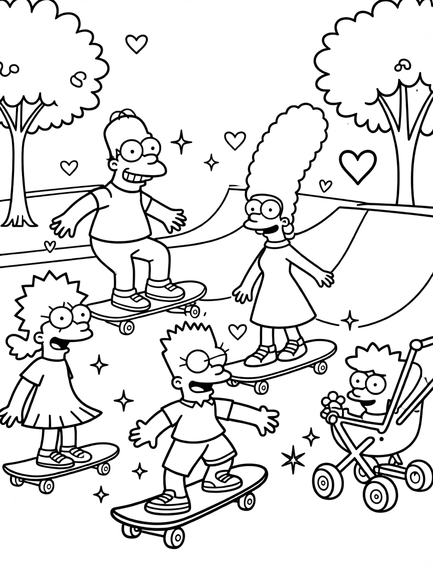 Simpsons skateboarding in the park, with hearts and sparkles around.