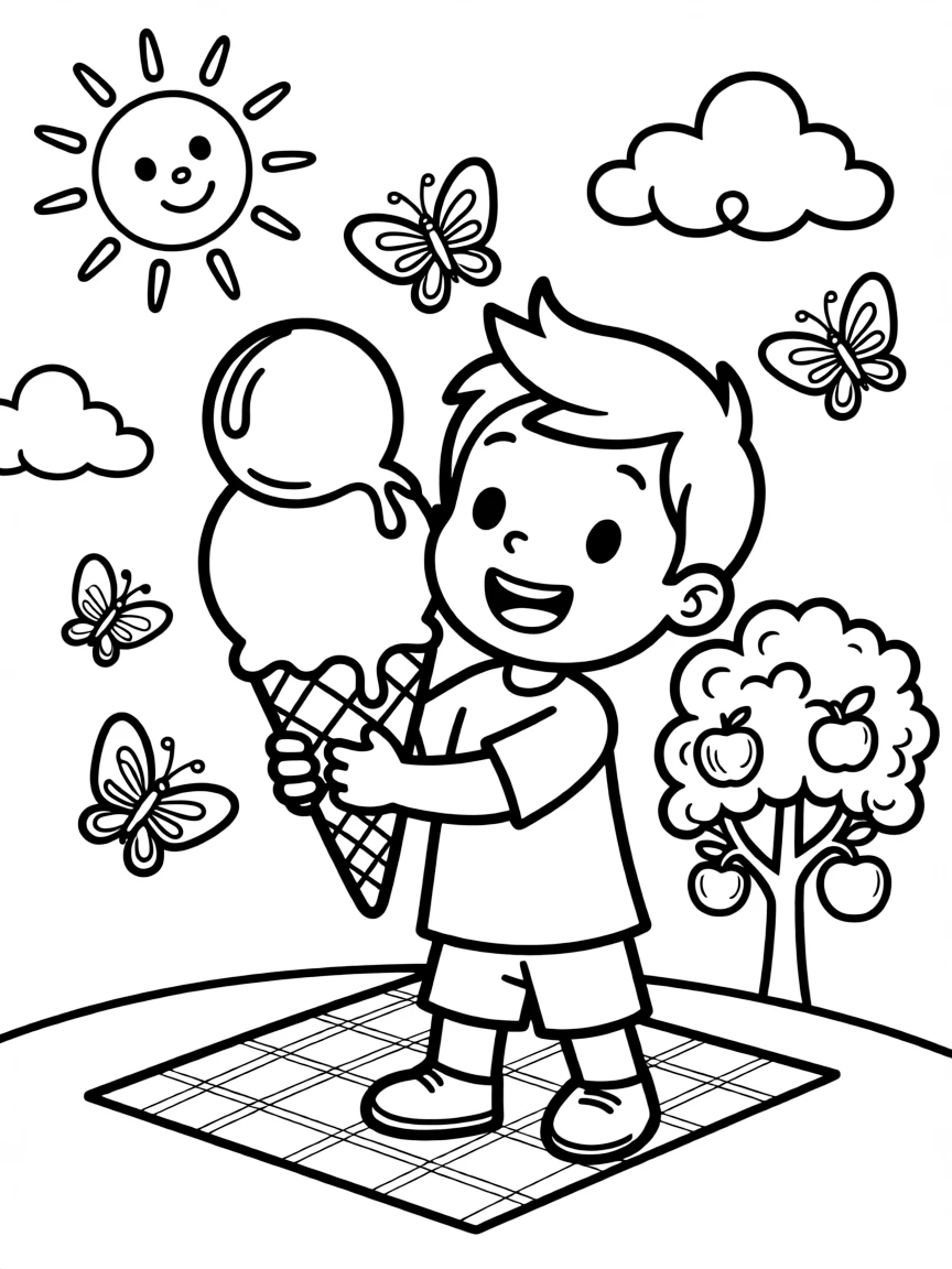 Cocomelon enjoying an ice cream cone, with fun background elements.