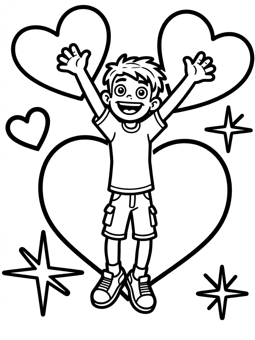 Ben 10 jumping with joy, with hearts and sparkles around.