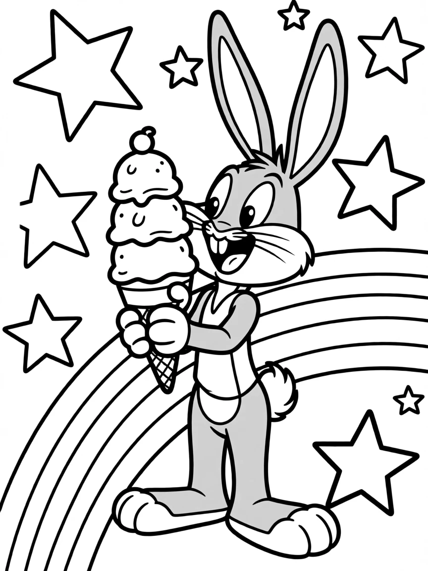 Bugs Bunny enjoying an ice cream cone, with stars and rainbows in the background.