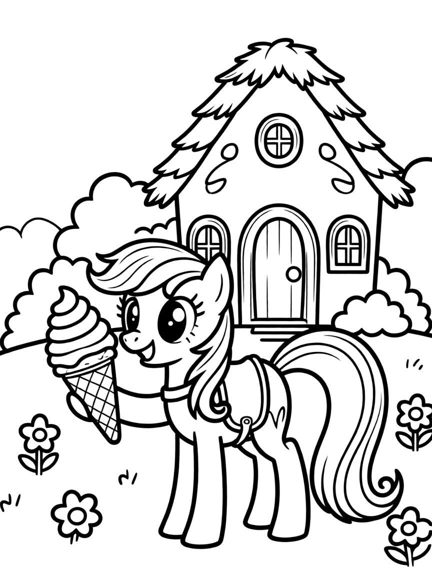 My Little Pony enjoying an ice cream cone, in front of their famous house or scene.