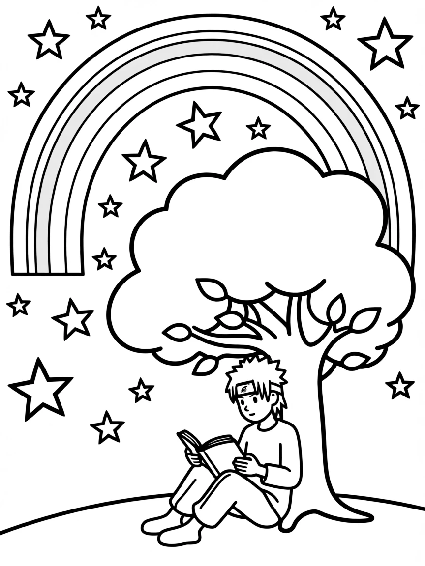 Sasuke reading a book under a tree, with stars and rainbows in the background.