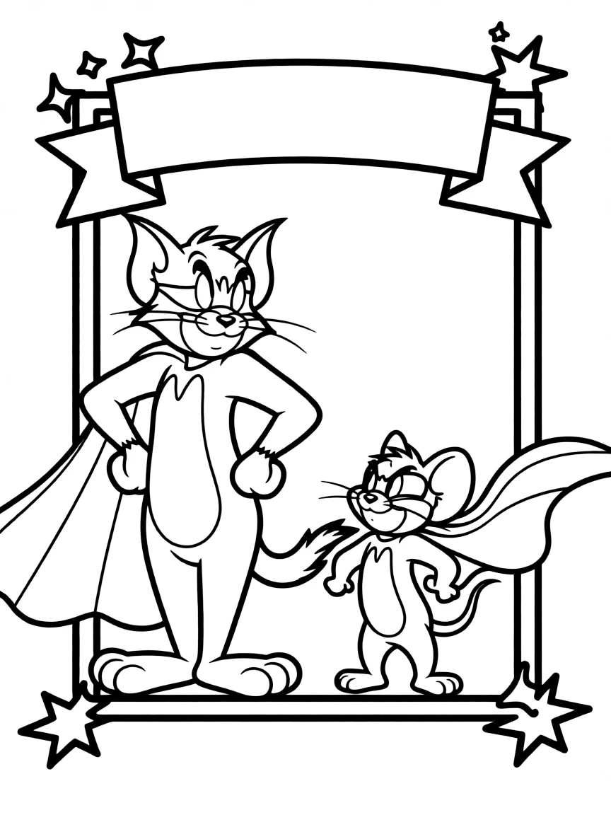 Tom and Jerry posing heroically, inside a comic book frame.