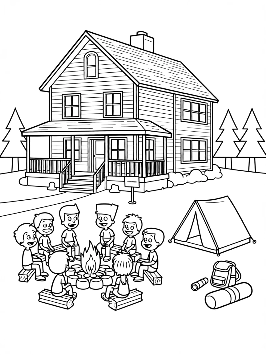 The Loud House camping with friends, in front of their famous house or scene.