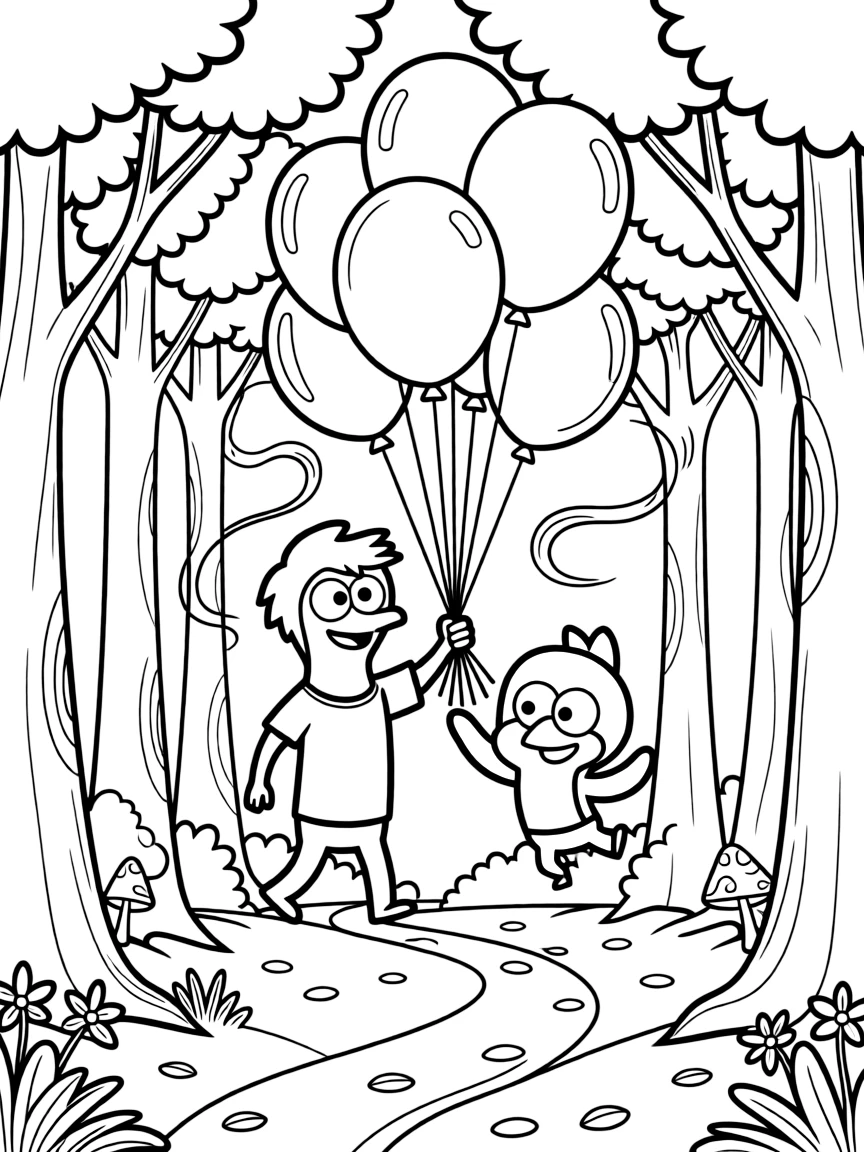 Regular Show playing with balloons, in a magical forest setting.