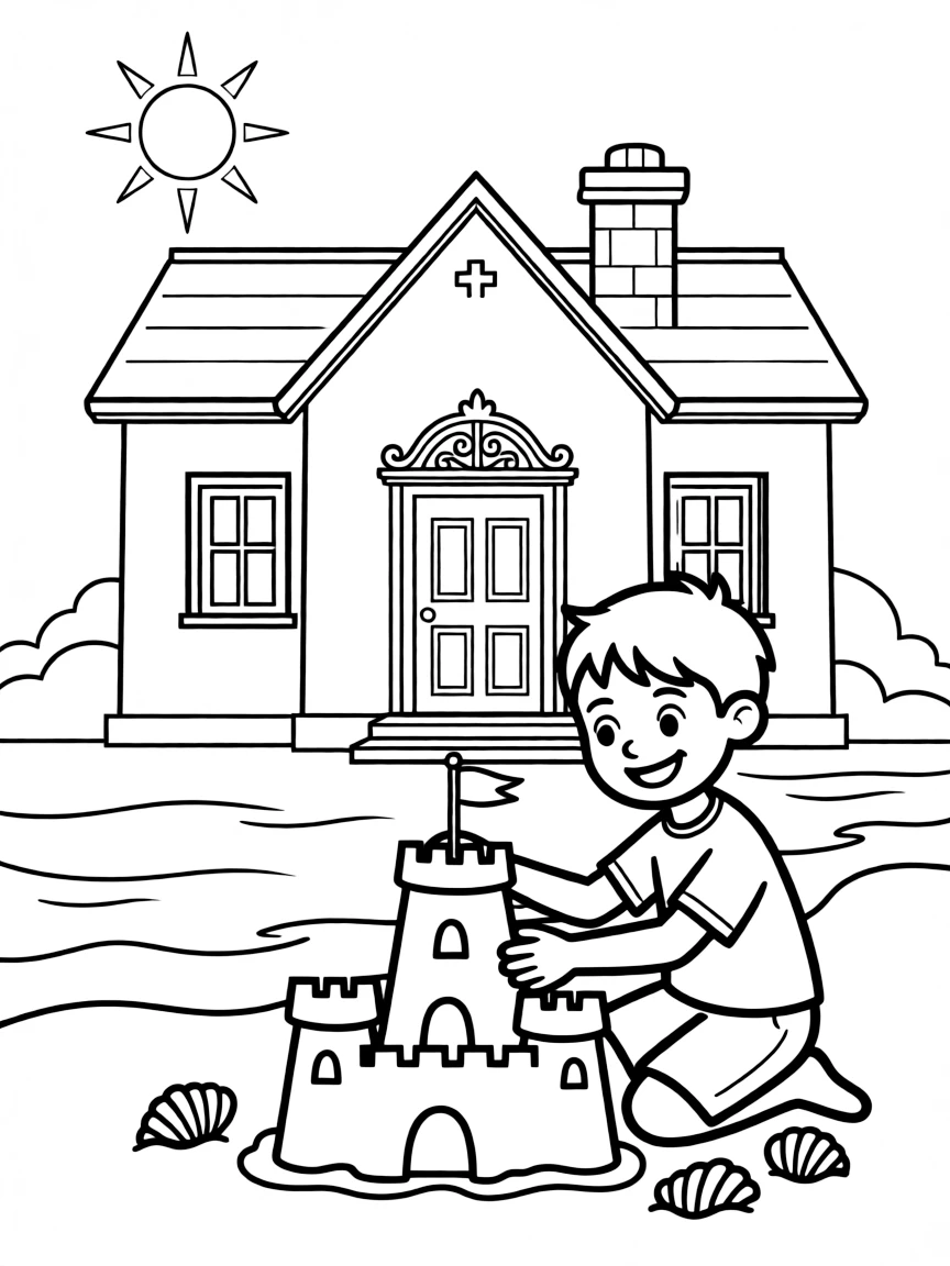 Diego building a sandcastle, in front of their famous house or scene.