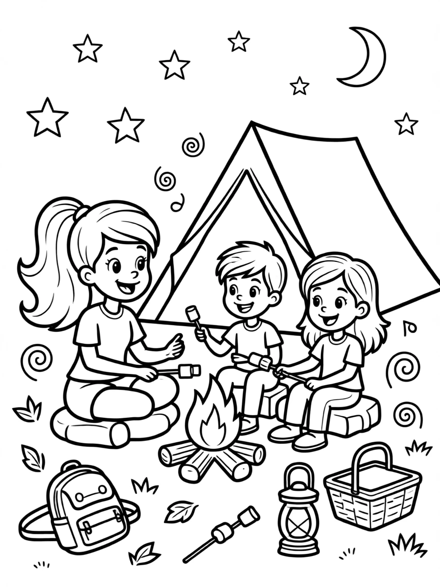 Olive Oyl camping with friends, with playful patterns around.