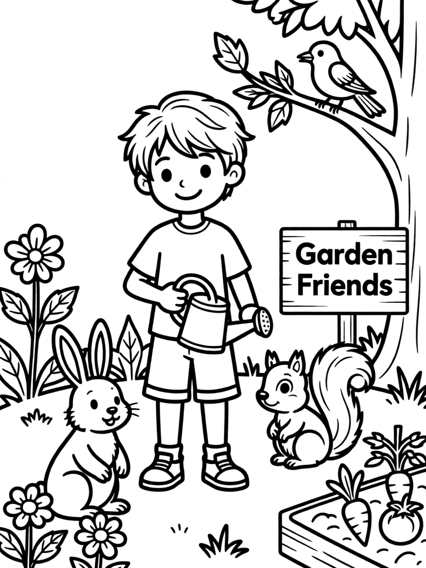 Ben 10 gardening, surrounded by friendly animals.