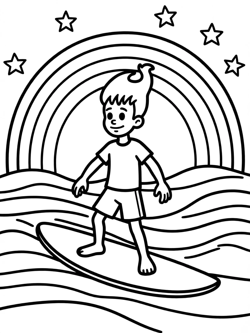 Jimmy Neutron surfing on waves, with stars and rainbows in the background.