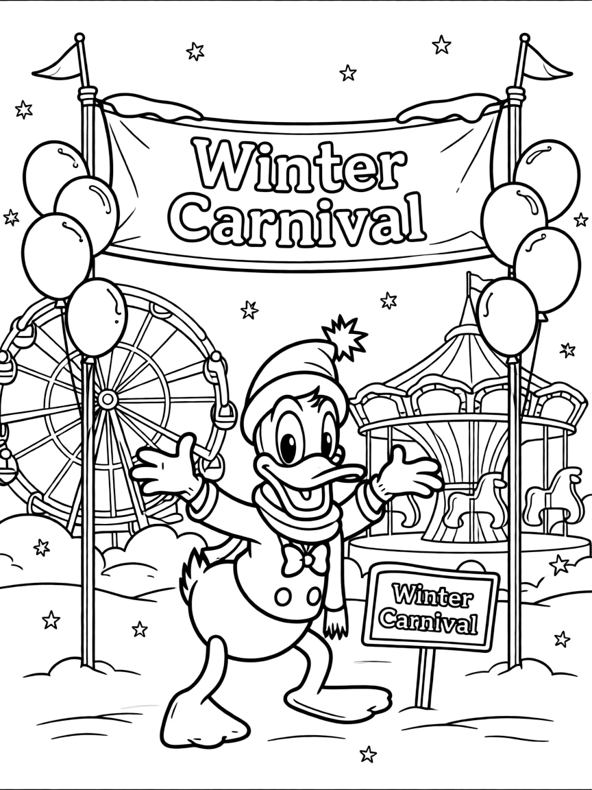 Donald Duck playing in the snow, at a carnival with colorful decorations.