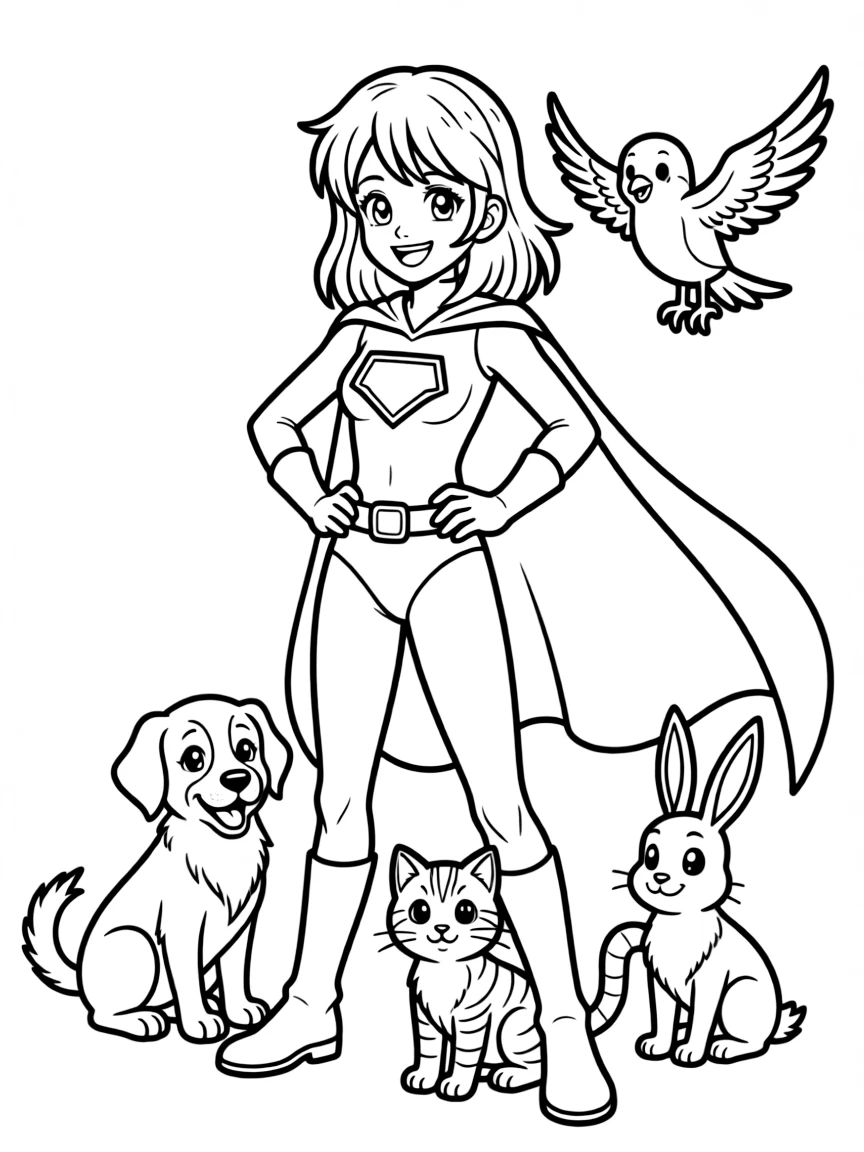 Nami wearing a superhero costume, surrounded by friendly animals.