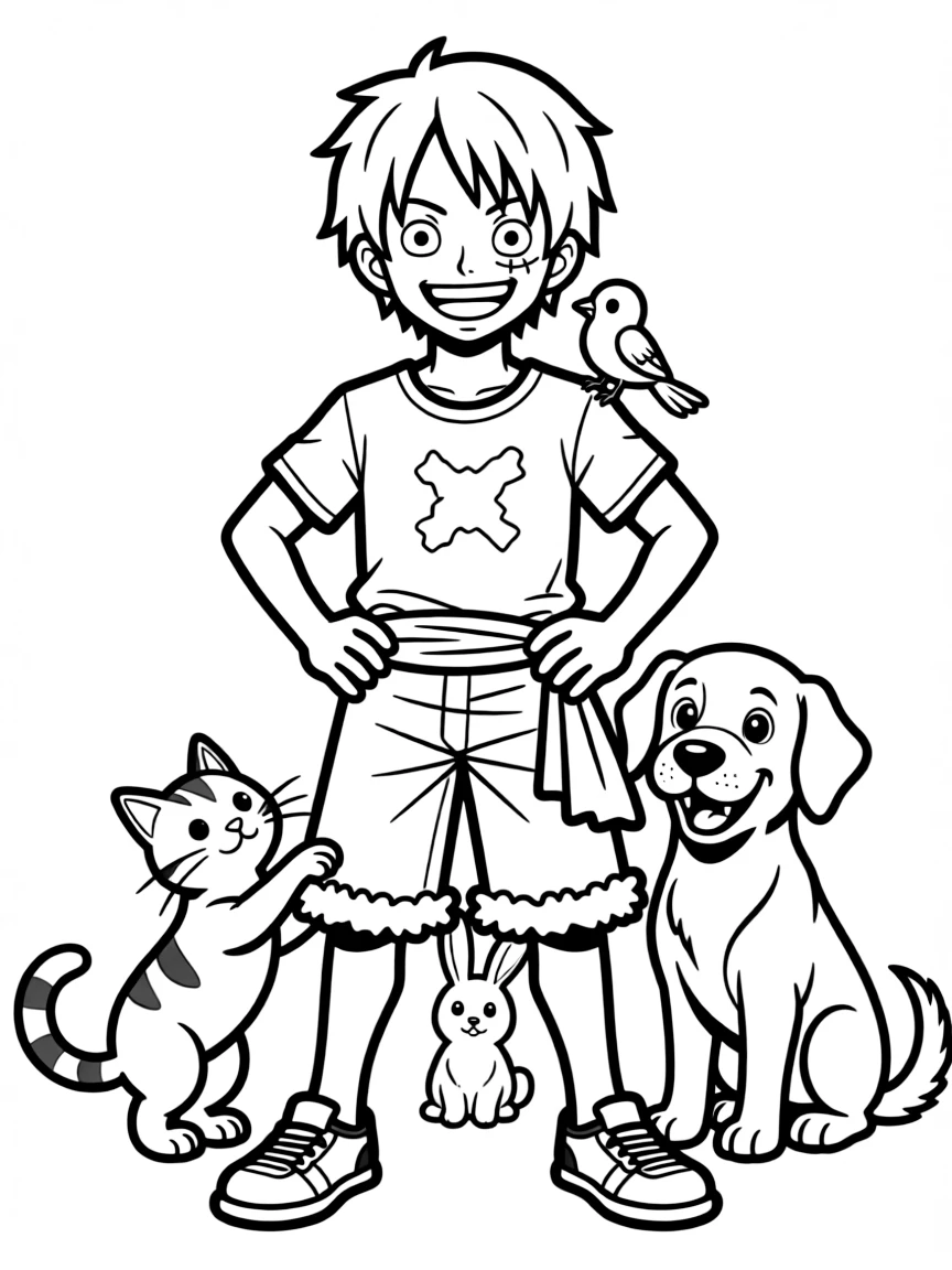 Zoro posing heroically, surrounded by friendly animals.