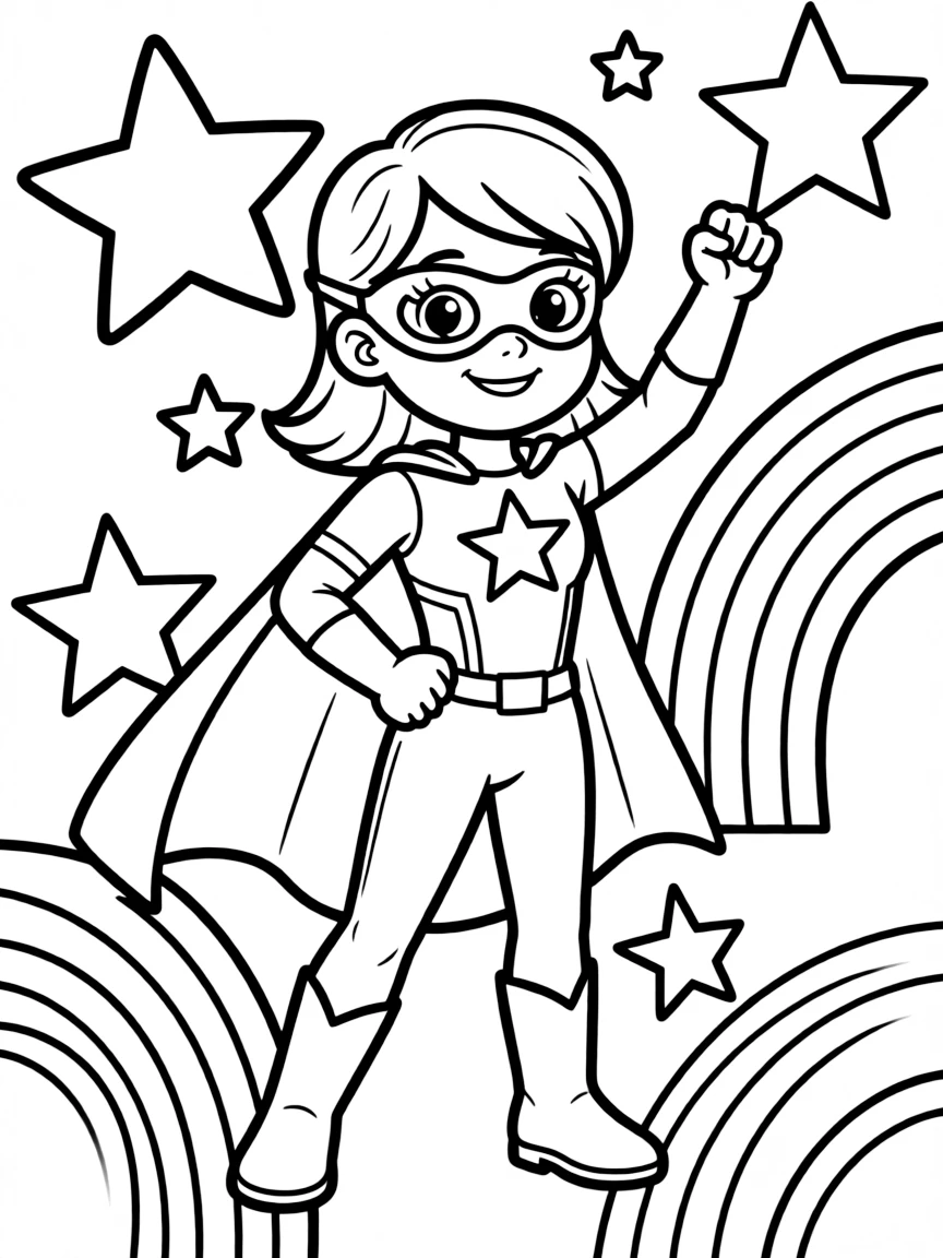 Daphne wearing a superhero costume, with stars and rainbows in the background.
