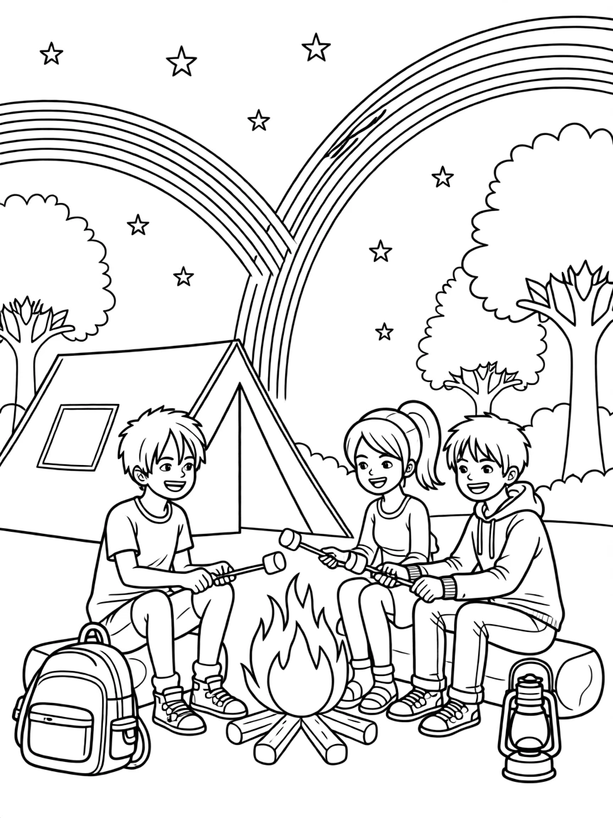Zoro camping with friends, with stars and rainbows in the background.
