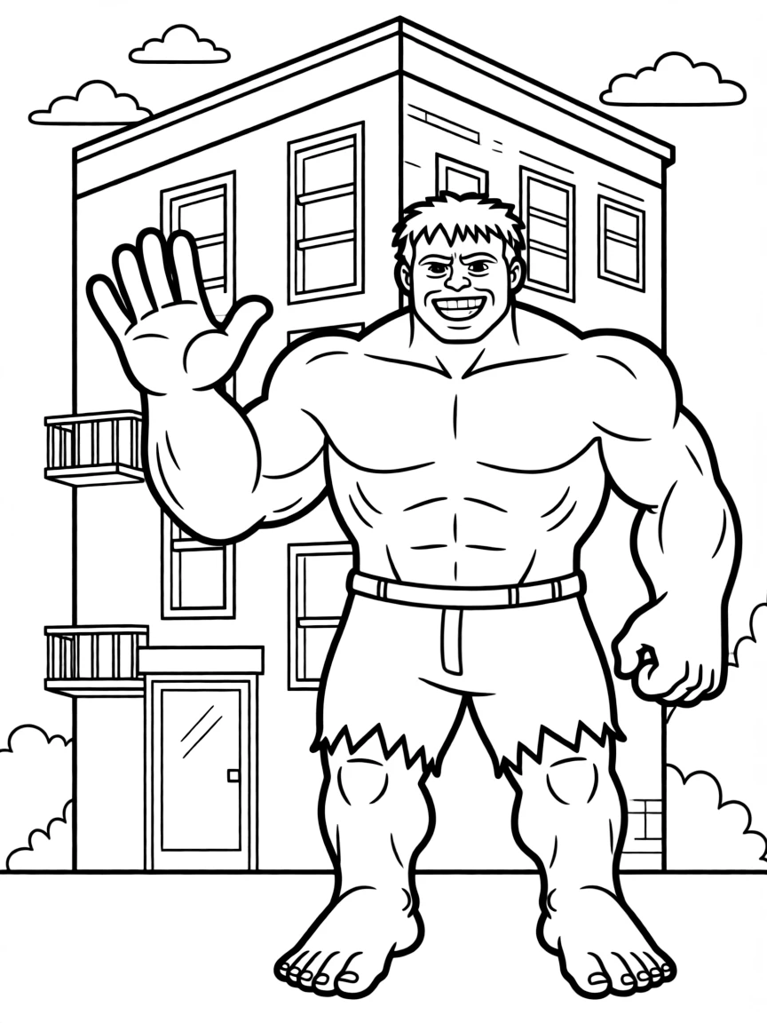 Hulk waving hello, in front of their famous house or scene.
