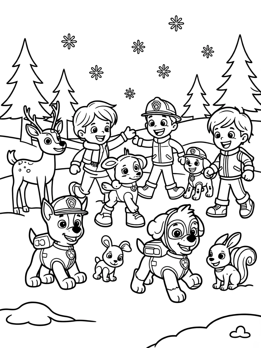 Paw Patrol playing in the snow, surrounded by friendly animals.