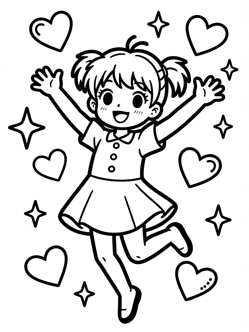Sakura jumping with joy, with hearts and sparkles around.