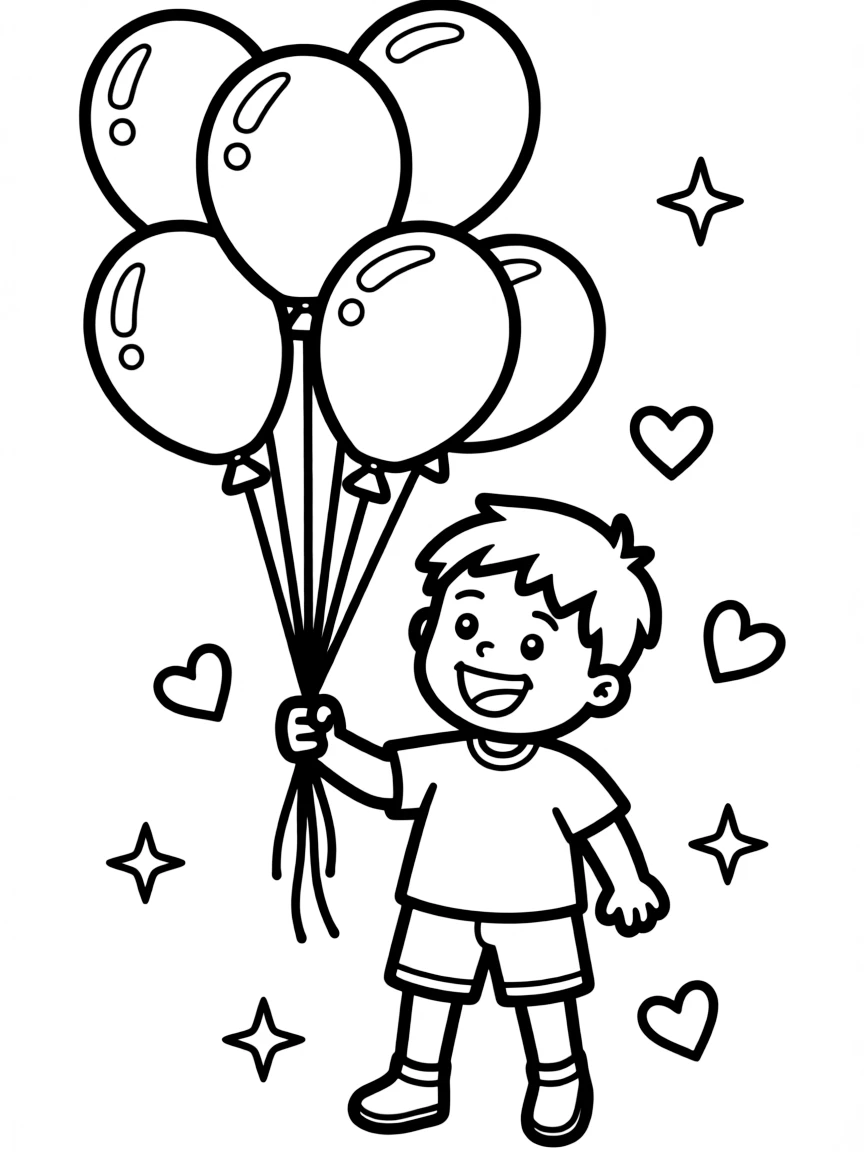 Arthur playing with balloons, with hearts and sparkles around.